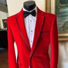 Vinci Men's Dinner Jacket For Formal Occasions. Red And Eye-Catching, Gorgeous Velvet Material, With Black Satin Trim Designed In Italy Brand New Nwt Size Xl Available Save With Bundles! Check Out Our Other Listings - We Have Additional Styles And Colors - Accessories And Some Pants Also Available. Red Tuxedo Blazer For Winter, Red Semi-formal Suits For Winter, Red Tailored Semi-formal Outerwear, Tailored Red Outerwear For Semi-formal Occasions, Red Fitted Sport Coat With Notch Lapel, Tailored Red Sport Coat For Winter, Red Notch Lapel Sport Coat For Winter, Red Semi-formal Winter Sport Coat, Red Winter Sport Coat For Semi-formal Occasions