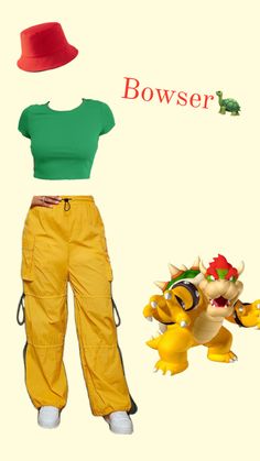 a woman in yellow pants and green shirt next to an image of a cartoon character