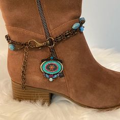 Boot Charm Bracelet Western Shoe Charm Bronze Metal Triple Strand 13”L With Additional 3”L Extender Unbranded Western Fashion Charm Bracelet For Boots A Cute Way To Change The Look Of A Solid Boot Can Be Worn On A Tall Boot, Over The Knee Boot Or An Ankle Boot Or Bootie Triple Strand Of Bronze Metal With A Variety Of Acrylic Blue Beads In Different Sizes And A Floral Painted Metal Medallion Large Lobster Claw Clasp Measures Approximately 13”L With An Additional 3”L Extender Boot Shown In Photos Boot Charms, Anklets Diy, Western Shoes, Boot Bracelet, Cultured Pearl Bracelet, Boot Bling, Open Cuff Bracelet, Jewelry Diy Bracelets, Boot Jewelry