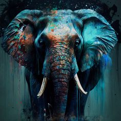 an elephant painted in blue, orange and black with paint splatters all over it's face