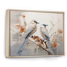 two birds sitting on a branch with flowers in front of the wall mounted art piece