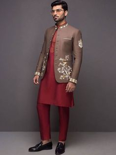 <p>Color: Beaver<br />Fabric: PC Suiting Fabric<br />Elegant prince coat features rich quality embellishments accentuate on the collar, sleeves and front<br />Fancy button closure<br />Complement with embroidered falu red kurta and pajama</p> <p><strong>Additional Accessories:</strong> </p> <p><strong>Plain Kolhapuri/Saleem Shahi shoes:</strong> US$30 (Made with prince coat mater Tailored Elegant Bandhgala For Designer Wear, Elegant Nehru Jacket With Stand Collar For Designer Wear, Elegant Designer Nehru Jacket With Stand Collar, Designer Wear Elegant Bandhgala With Stand Collar, Elegant Designer Bandhgala With Stand Collar, Designer Festive Blazer For Workwear, Designer Formal Kurta With Stand Collar, Elegant Embellished Designer Outerwear, Designer Embellished Bandhgala For Semi-formal Occasions