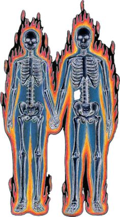 two skeleton stickers with flames in the back and one holding hands, both facing each other