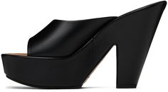 Nappa lambskin slip-on heeled sandals in black. · Open toe · Strap at vamp · Logo hardware at outer side · Logo embossed at cork insole · Leather-covered wedge heel and platform midsole · Rubber sole · Platform: H1.5 · Heel: H4.5 Supplier color: Black/Natural Formal Mules With Reinforced Wedge Heel, Platform Mules In Calf Leather, Platform Calf Leather Mules, Elegant Leather Mules With Platform, Elegant Leather Platform Mules, Luxury Evening Platform Mules, Luxury Evening Mules With Platform, Luxury Leather Mules With Wedge Heel, Heeled Sandals