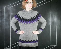 "This is a beautiful wool knitted sweater with a purple/black Fair Isle pattern. This will be a nice addition to your sweater collection - it is warm and this pattern is always in trend! This sweater will be perfect all year round! CONDITION: Very good COMPOSITION: 100% wool MEASUREMENTS: The model is size S. The measurements are taken lying flat and then doubled. Bust: 100cm/39.5\" Waist: 96cm/37.5\" Length: 82cm/32\" Sleeve: 70cm/27.5\" Questions are always welcome! Have a look at my other items in my shop: https://www.etsy.com/ca/shop/vinylissimo" Motif Fair Isle, Fair Isle Pullover, Unique Jackets, Sweater Wool, Fair Isle Pattern, Sweater Collection, Fair Isle Sweater, Classic Christmas, Knitted Sweater