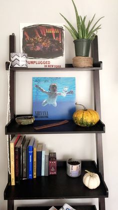 a shelf with books, plants and pictures on it