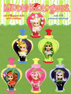 the front cover of a children's book with pictures of dolls in vases