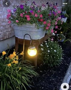 a potted planter filled with lots of flowers next to a light on the side of a building