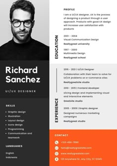 a professional resume template with an orange and black color scheme on the front, side and back