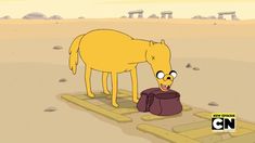 a cartoon character standing in the middle of a desert with a horse on it's back