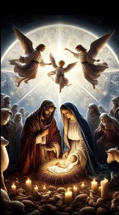 the birth of jesus with angels and sheeps in front of a full moon, surrounded by candles