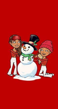 three children making a snowman on a red background