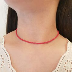 Red choker necklace Red beaded choker Dainty necklace Glass choker Beaded necklace Beach choker collar Boho choker necklace The red colored glass choker is 13 inches and can be adjusted up to 15 inches with a 2 inches extender chain. Made from 2mm tiny glass seed beads. This necklace has a dainty look and is crafted sturdy enough to wear every day. Every piece is made to order with care and love. ✓ HOW TO ORDER: ♥ Choose the color of your choice ♥ Choose the size of your choice ♥ If you would li Red Beaded Necklaces For Summer, Red Necklaces For Summer Festival, Trendy Red Beaded Choker Necklace, Red Necklace For Summer Festivals, Summer Festival Red Necklaces, Red Beaded Choker Necklace For Summer, Summer Red Necklaces With Colorful Beads, Summer Red Necklace With Colorful Beads, Trendy Red Necklaces With Round Beads