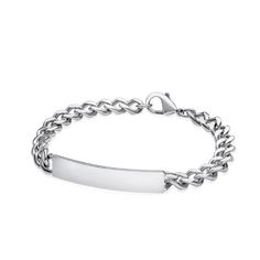 Men's Personalized Bracelet Classic Silver Cuban Link Bracelet, Classic Cuban Link Silver Bracelet, Classic Stainless Steel Cuban Link Bracelet, Elegant Silver Cuban Link Bracelet, Tarnish Resistant, Classic Stainless Steel Chain Bracelet, Classic Silver Chain Charm Bracelet, Classic Everyday Silver Chain Charm Bracelet, Classic Sterling Silver Curb Chain Bracelet For Everyday, Classic Engraved White Gold Chain Bracelet