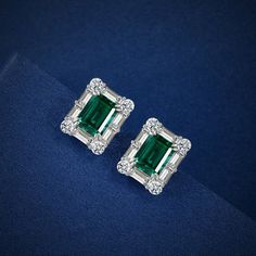 Halo Lab-Created Emerald Baguette Accents Sterling Silver Stud Earring – ReadYourHeart Lab Created Emerald, Creating Jewelry, Stone Setting, Custom Metal, Sterling Silver Studs, Sterling Silver Earrings Studs, Stud Earring, Silver Earrings Studs, Silver Studs