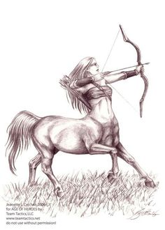 a drawing of a woman with a bow and arrow on her back, riding a horse