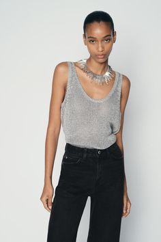 SIMPLE METALLIC KNIT TOP - Silver | ZARA United States Zara Knitwear, Chic Cardigan, Waistcoat Dress, Metallic Knit, Silver Top, Straight Cut Jeans, Scarf Top, Cardigan Sweater Jacket, Wishing Well