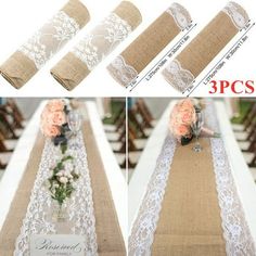 the table runner is decorated with flowers and burlucks, along with lace