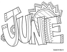 the word june is made up of doodles and other things that are outlined in black and white