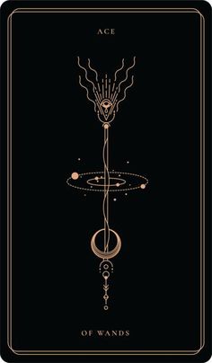 the ace of wands in gold and black on a black background with an intricate design