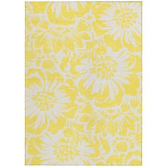 a yellow and white rug with flowers on it