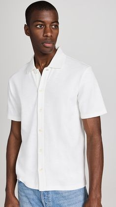 Vince Variegated Jacquard Button Down | Shopbop Spring Short Sleeve Polo Shirt, Short Sleeve Polo Shirt With Seamless Collar For Summer, Summer Short Sleeve Polo Shirt With Seamless Collar, Classic White Short Sleeve Shirt With Collared Neckline, Casual Short Sleeve Tops With Placket, Cotton Textured Knit Short Sleeve Tops, Cotton Polo Shirt With Button Closure And Short Sleeves, Casual Short Sleeve Polo Shirt With Buttons, Classic Summer Polo Shirt With Button Closure