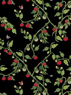 a black background with red cherries and green leaves on it's branches, as well as a butterfly