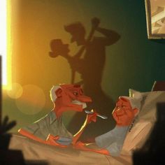 two cartoon characters are sitting in bed and one is holding a knife to his mouth