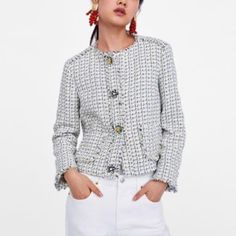 Zara Basics Cream Tweed Style Blazer Jacket With Floral Gem Embellished Buttons. Tweed Style With Multi Colors Of Blue, Yellow And Cream. Buttons Are Dazzling And Embellishment In A Variety Of Styles And Crystal. Raw Hem Details And Front Square Pockets. Never Worn Nwot Casual Spring Button-up Tweed Jacket, Spring Button-up Tweed Jacket, Spring Tweed Button-up Jacket, Single-breasted Button-up Tweed Jacket For Spring, Tweed Outerwear With Buttons For Spring, Spring Tweed Outerwear With Buttons, White Tweed Blazer For Spring, Fitted Spring Tweed Jacket Button-up, Casual Tweed Blazer For Spring