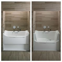 two pictures of a bathtub and sink in a bathroom with wood flooring on the walls