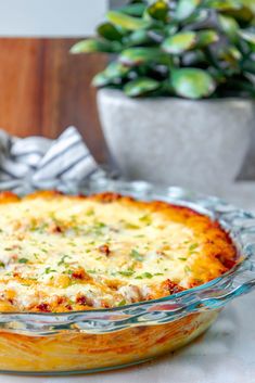 a cheesy casserole dish on a table next to a potted plant