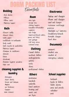 the dorm packing list is shown on a pink background