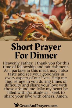 a poster with the words short prayer for dinner and people sitting at a table eating