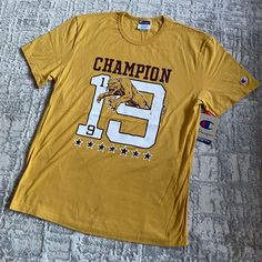 Champion Graphic Tee Short Sleeve T Shirt Medium Gold New With Tags Mens Old School Vintage Style Design Brad Pitt ‘Once Upon A Time In Hollywood’ Reminiscent Same Day Shipping Graphic Shirt Design, Old School Style, Champion Shirt, School Style, Vintage Tattoo, Short Sleeve T Shirt, Graphic Shirt, School Fashion, Heart Tattoo