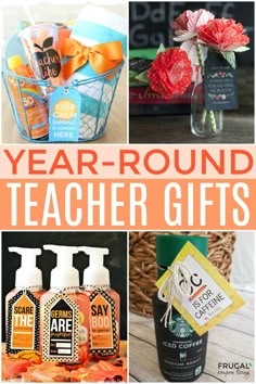 ideas for teacher appreciation gifts for the entire year Easy Teacher Thank You Gifts, Fall Themed Teacher Appreciation Gifts, Preschool Teacher Gifts Thanksgiving, New Years Teacher Gift Ideas, Spring Gifts For Teachers, Parent Teacher Appreciation Ideas, Fall Teacher Appreciation Gifts, Small Thank You Gifts For Teachers, Grateful Teacher Gifts