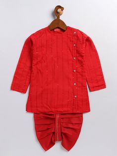 VASTRAMAY SISHU Boy's Red Embellished Angrakha Kurta Dhoti Set Dress your little one in style with this festive red kurta dhoti set. Features an embellished angrakha kurta with a comfortable dhoti. Perfect for special occasions and festivals. Key Features Red angrakha style kurta Embellished design Comfortable dhoti pants with elasticated waistband Specifications Material: Top - Cotton Blend, Bottom - Cotton Blend Care: Dry Clean Only Sleeve Length: Long Material & Care This kurta dhoti set is m Angrakha Style Kurta, Angrakha Style, Red Kurta, Dhoti Pants, Boys Wear, Set Dress, Little One, In Style, Special Occasion