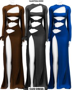 three dresses with cutouts on the sides and one in blue, brown and white