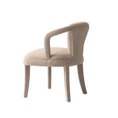 an upholstered chair with a curved back and arm rests on a white background