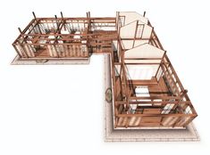 the floor plan for a house with two levels and three rooms, all in wood