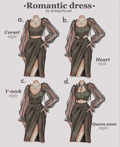 four different types of dresses with long sleeves and high slits on the sides, all in