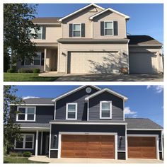 two pictures of the same house with different garage doors and windows, one is painted gray