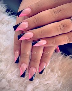 Pink And Black Nails, Pink Black Nails, Nail Tip Designs, Fancy Nails Designs, Black Nail Designs, Black Nail, Pink Nail Designs, Short Acrylic Nails Designs