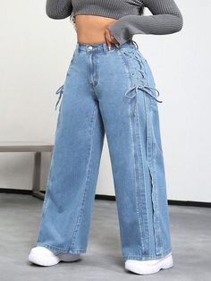 Plus Size Women's Flared Loose Jeans With Side Lace-Up Eyelet Detail Light Wash    Denim  Straight Leg Non-Stretch  Women Plus Clothing, size features are:Bust: ,Length: ,Sleeve Length: Shawty Bae, Wide Leg Jeans Outfit, Neat Casual Outfits, Moda Denim, 2piece Outfits, Jeans Outfit Women, Gaun Fashion, Shein Icon, Everyday Fashion Outfits