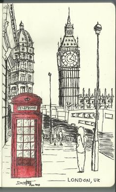 a drawing of the big ben clock tower and telephone booth in london, united kingdom