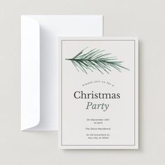 a christmas party card with a pine tree branch on the front and bottom, next to an envelope