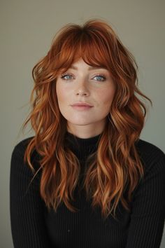 Click for More ➡️ | Save for Later ❤️  This trendy mid-length cut features a beautiful ombre and curtain bangs. The ombre adds depth and dimension, while the curtain bangs frame the face perfectly, creating a modern and stylish look. (Trendy Mid-Length Cut with Ombre and Curtain Bangs) Layered Copper Hair With Bangs, Red Hair Mid Length Styles, Auburn Two Tone Hair, Shag Hairstyles Red Hair, Redhead With Curtain Bangs, 70s Medium Length Haircut, Shag And Curtain Bangs, Mid Length Red Hair With Bangs, Fall Hair Curtain Bangs