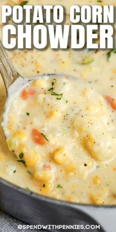 a spoon full of potato corn chowder in a skillet with text overlay