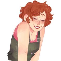 a drawing of a woman with red hair and green overalls crouching down on her knees