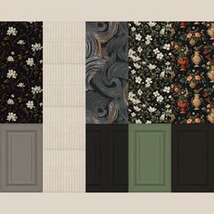 four different wallpapers with flowers, leaves and swirls on them in various colors