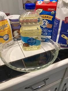 a kitchen counter with baking ingredients on it